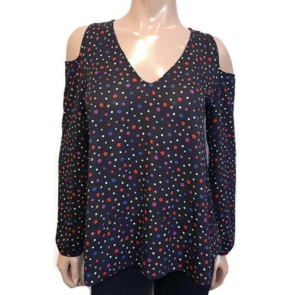DESIGN LAB Cold Shoulder Top Star Print Long Sleeve Black Vneck Size Medium